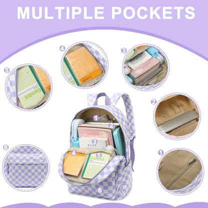 Bluboon School Backpack Set Girls Womens Laptop Bookbag Casual Daypack Fits 15 inch Laptop with Lunch Tote Bag and Pencil Bag - color: Purple and White Checkered