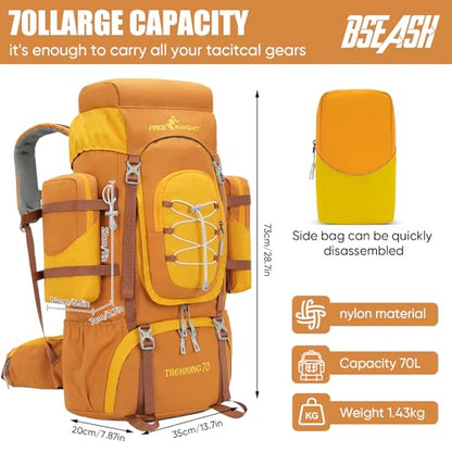 Bseash 70L (65+5) Waterproof Hiking Camping Backpack with Rain Cover, Outdoor Sport Travel Daypack for Climbing Touring (Yellow) - color: Yellow