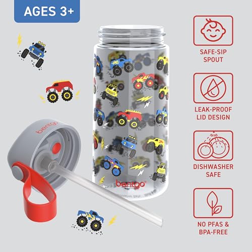 Bentgo Kids Water Bottle - Leak-Proof, Durable Tritan PFAS- & BPA-Free 15 fl oz, Kids/Toddlers Ages 3+ for School & Sports; Bite & Sip Spout, Carrying Handle, Dishwasher Safe (Trucks) - color: Trucks