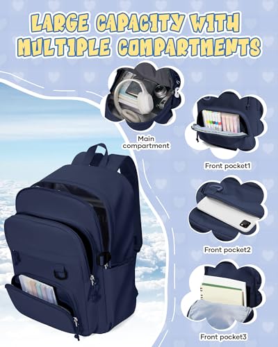 Lightweight Backpack for College & High School Backpack With Lots of Pockets Cute School Bag for Girls Boys, Large Capacity Bookbag for Women Men, Waterproof Teens Casual Daypack Backpack(Dark Blue) - color: Dark Blue