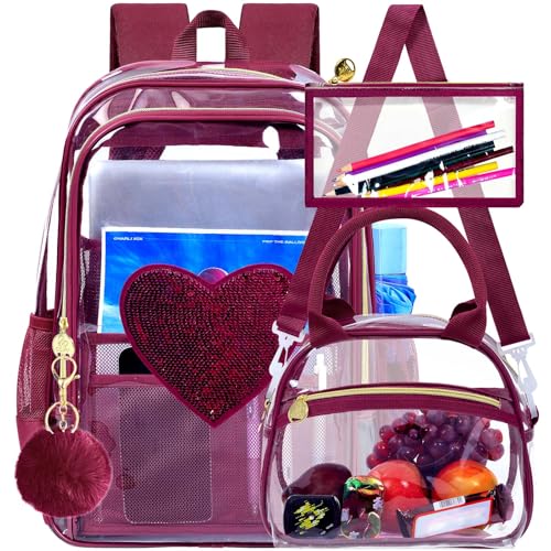 gxtvo 3PCS Girls See Through Backpack Heavy-Duty Set for Women & Teen, 17" Transparent Bookbag for with Luxurious Gold Zipper, Wine Red Sequins Clear School Bag - color: Wine Red Sequins Clear Backpack Set