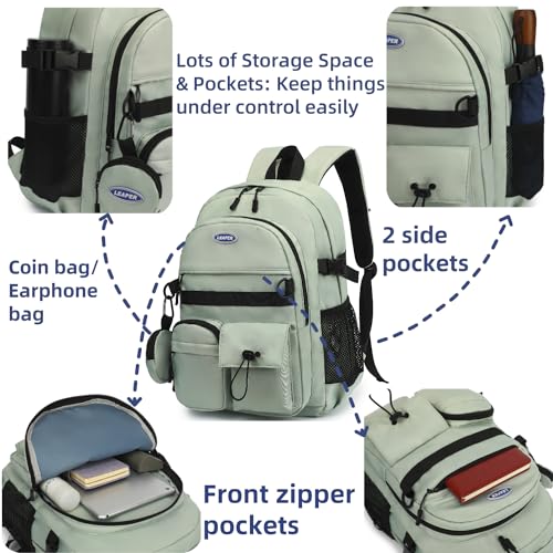 Leaper School Laptop Backpack for Women: Water Resistant Travel Backpack with Water Bottle Pocket - Laptop Bag for College Work - Lightweight Bookbag for Kids Girls Boys Green