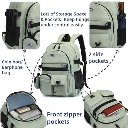 Leaper School Laptop Backpack for Women: Water Resistant Travel Backpack with Water Bottle Pocket - Laptop Bag for College Work - Lightweight Bookbag for Kids Girls Boys Green