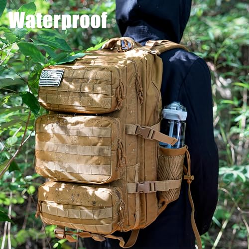 Military Tactical Backpack 50L Large Day Backpack for Men Molle Army 3 Days Assault Pack Bug Out Bag Water Resistant and Heavy Duty Hiking Treeking Rucksack - Brown - color: Brown, size: 50L