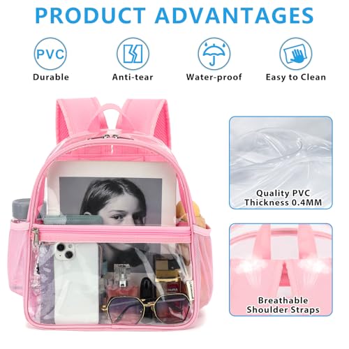 Fammart Clear Backpack Stadium Approved 12x6x12 - Kids & Small Adult Transparent Backpack for School, Work, Sports, Concerts - Clear Bag - color: Pink