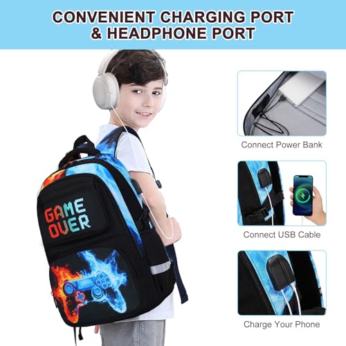 Scothen 3PCS Boys Backpack Set, Cool Backpack for Boys with Lunch Bag & Pencil Case, Kids School Bag Teen Boy Bookbag for Kindergarten Elementary Middle School with USB Charging Port - color: Red & Blue Flame