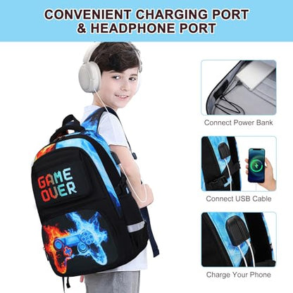 Scothen 3PCS Boys Backpack Set, Cool Backpack for Boys with Lunch Bag & Pencil Case, Kids School Bag Teen Boy Bookbag for Kindergarten Elementary Middle School with USB Charging Port - color: Red & Blue Flame
