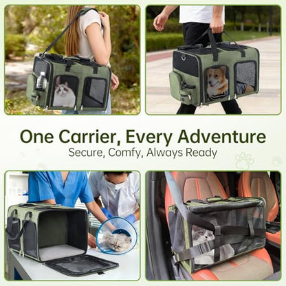Cat Carrier for 2 Cats - Double Pet Carrier Extra Large, Dual Cabin Multi Cat Travel Carrier with Removable Divider, Collapsible, Can Hold 20 30 40 lbs for Two Small Kitten, Medium Dog Green - color: Green