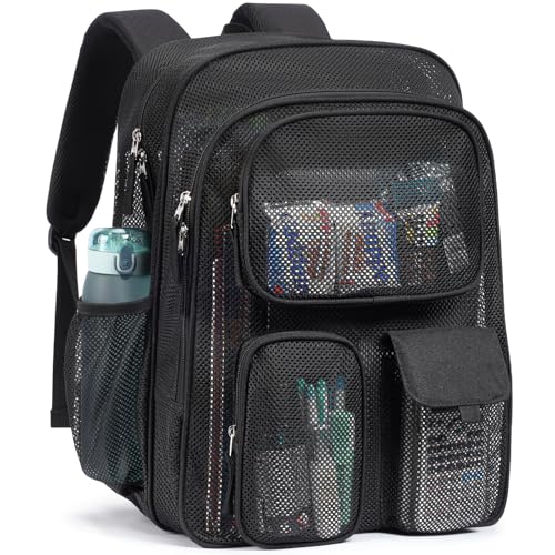 PACKISM Mesh Backpack for School - 18 Inch Extra Large Heavy Duty Mesh Bookbag for Boys Girls, See Through School Backpack with 3 Front Pockets for Students, Black (Age 12+) - color: 03 Black, style: 18“ Pro Series (3 Front Pockets)