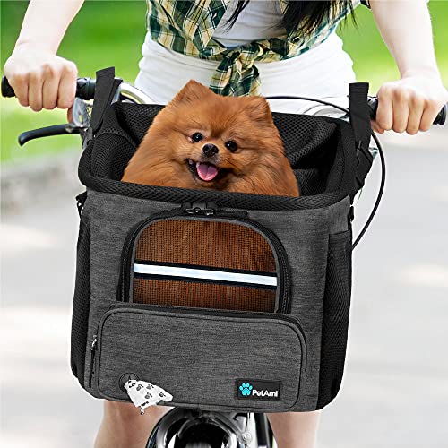 PetAmi Dog Bike Basket, Soft-Sided Ventilated Dog Bike Carrier Backpack, Pet Bicycle Basket for Bike Handlebar, Small Medium Puppy Cat Kitten Car Booster Seat with Safety Strap, Max 18 lbs, Dark Gray - color: Dark Gray