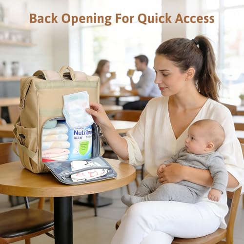Lekesky Large Diaper Backpack with 16 Pockets, 1.52Lb Lightweight Durable Baby Bag, with Foldable Changing Pad & Pacifier Case, Anti-theft Pocket, Wipes Pocket, Easy to Clean, Khaki - color: Khaki