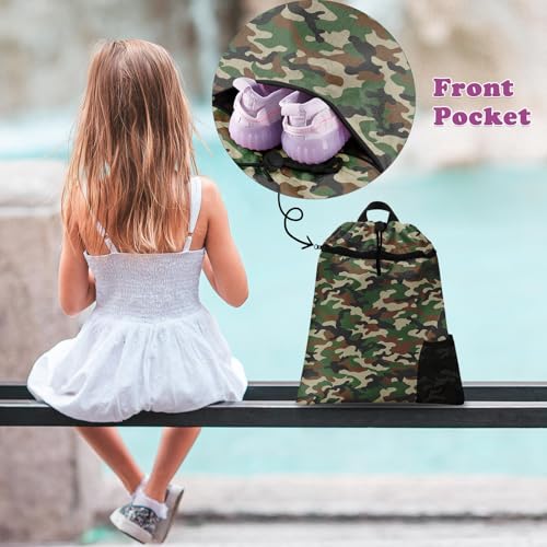 Green Camouflage Drawstring Backpack, 15” x 17” Waterproof Swim Bag for Beach Swimming Pool, Lightweight Foldable Gym Bag with Water Bottle Holder for Sports Travel - color: Camouflage