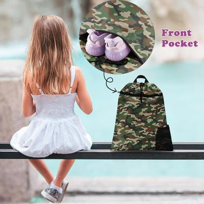 Green Camouflage Drawstring Backpack, 15” x 17” Waterproof Swim Bag for Beach Swimming Pool, Lightweight Foldable Gym Bag with Water Bottle Holder for Sports Travel - color: Camouflage