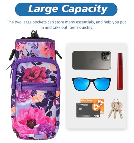 AceTreker 32 40 oz Water Bottle Carrier with Strap, Neoprene Water Bottle Sleeve Bag with 2 Pockets Insulated Flask Sling Holder for Walking Hiking Gym - color: A6. Purple Flower