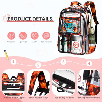 DIGOBAY 3PCS Cool Luminous Clear Backpack for Boys Kids, Gamer Clear Bookbag for School, See Through PVC Transparent Backpacks with Lunch Bag Pencil Case, Backpack Heavy Duty for School Stadium - color: Red Flame