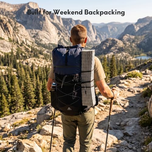 Haimont 40L+15L Roll-Top Backpacking Pack with Rain Cover, Blue | Expandable 55L, Hip Belt Support, Sleeping Pad Carry, Pole Attachments, YKK & Duraflex - color: Blue