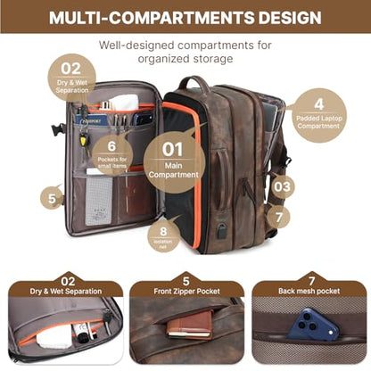 Travel Backpack for Men Women, PU Leather Carry On Backpack Flight Approved with Laptop Compartment, 40L Expandable Personal Item Travel Bag for Traveling Weekender Business (Coffee) - color: Coffee