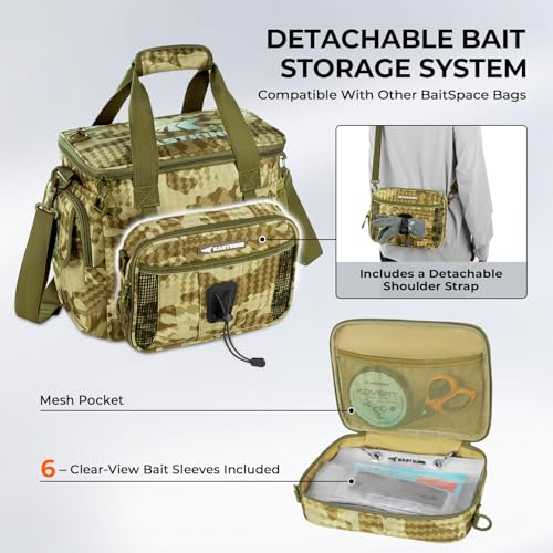 KastKing BaitSpace Fishing Tackle Bag With 4 Tackle Boxes & Removable Bait Binder, Water-Resistant Tackle Storage, Durable Fishing Gear, Adjustable Shoulder Strap - color: B: Khaki Camo, size: Medium - 4*3600 Trays