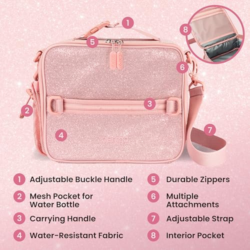 Bentgo Kids Lunch Bag - Double-Insulated, Reusable Lunch Bag for Kids 3+ with Adjustable Strap; Holds Lunch Box/Water Bottle/Snacks; Easy-Clean, Water-Resistant & Pockets (Glitter - Petal Pink) - color: Glitter Edition - Petal Pink