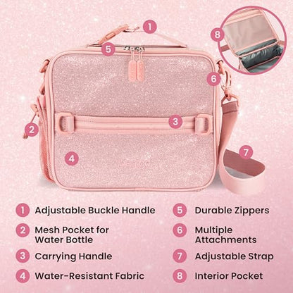 Bentgo Kids Lunch Bag - Double-Insulated, Reusable Lunch Bag for Kids 3+ with Adjustable Strap; Holds Lunch Box/Water Bottle/Snacks; Easy-Clean, Water-Resistant & Pockets (Glitter - Petal Pink) - color: Glitter Edition - Petal Pink