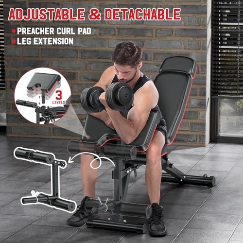 XDDIAS Workout Bench, Adjustable Weight Bench with Leg Extension and Leg Curl, Extended Headrest, 900LBS Preacher Curl Bench Incline Decline Flat Workout Bench for Home Gym Full Body Exercise - color: Glossy+a pair of 55LB Dumbbells