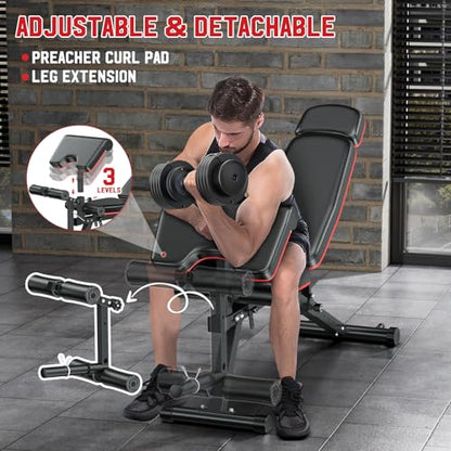 XDDIAS Workout Bench, Adjustable Weight Bench with Leg Extension and Leg Curl, Extended Headrest, 900LBS Preacher Curl Bench Incline Decline Flat Workout Bench for Home Gym Full Body Exercise - color: Glossy+a pair of 55LB Dumbbells