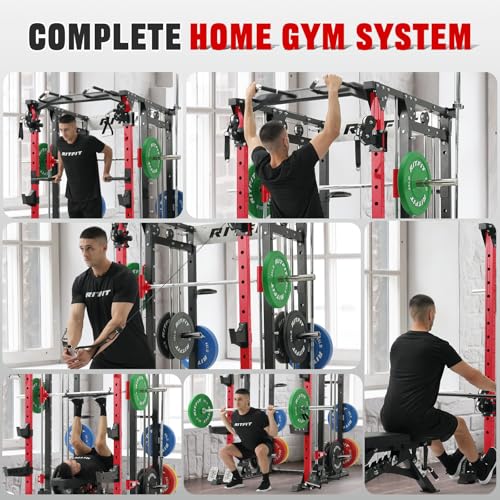RitFit Buffalo Smith Machine, Power cage with LAT-Pull Down System & Cable Crossover System, All-in-One Squat Rack for Home Gym, Power Rack - color: RED, size: Buffalo