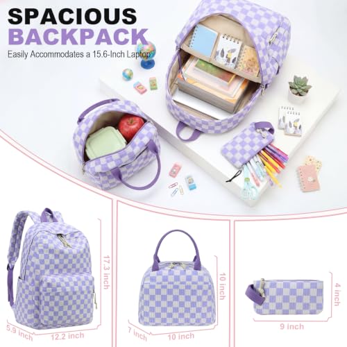 LEDAOU Kids Backpack for Girls Backpacks with Lunch Box, Lightweight Bookbag Set Elementary Middle School Back pack for 8-14 - color: Purple Checkered