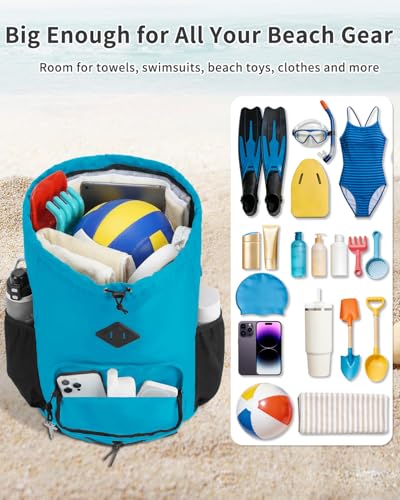 WANDF Drawstring Backpack with Removable Wet Pocket, Sandproof Beach Backpack with Bottom Compression Strap for Beach Mat, Swim Bag for Pool, Gym, Travel and Workout Gear (Teal) - color: Teal