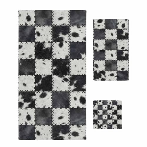 Black White Animal Printed Bath Towels Set of 3 for Bathroom,Soft Absorbent Shower Beach Hand Face Hair Yoga Workout Gym Towel Dish Wahcloth,Farmhouse Fur Texture Plaid Quick Dry Bath Towels+Set - color: Black, White, Grey