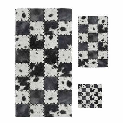 Black White Animal Printed Bath Towels Set of 3 for Bathroom,Soft Absorbent Shower Beach Hand Face Hair Yoga Workout Gym Towel Dish Wahcloth,Farmhouse Fur Texture Plaid Quick Dry Bath Towels+Set - color: Black, White, Grey