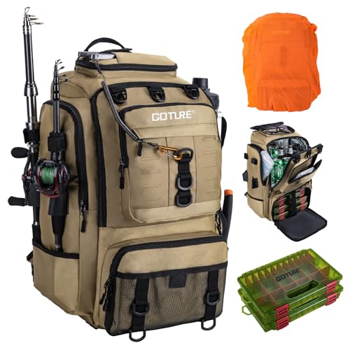 Goture 40L Large Khaki Fishing Backpack, 900D Tear-Resistant Tackle Bag with Cooler & Rain Cover & 3600 Trays, Freshwater Saltwater - color: Khaki, size: B - Includes 2 regular 3600 trays