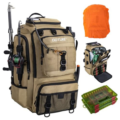 Goture 40L Large Khaki Fishing Backpack, 900D Tear-Resistant Tackle Bag with Cooler & Rain Cover & 3600 Trays, Freshwater Saltwater - color: Khaki, size: B - Includes 2 regular 3600 trays
