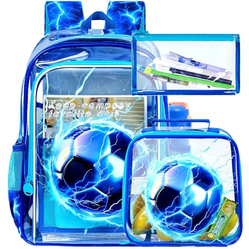 UFNDC 3PCS Clear Backpack for Girls and Boys, Unicorn Cat Transparent Bookbag, See Through School Bag for Kids Elementary - color: Boys Uv Printing Football Clear Backpack Blue