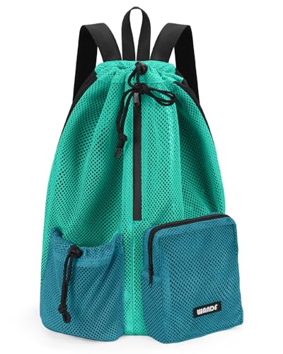 WANDF Swim Bag for Swimmers, Mesh Beach Backpack - color: Turquoise With 2 Front Pockets, size: Large
