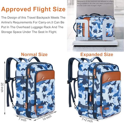 BAGPARKK Travel Backpack 42L Carry on Backpack Flight Approved Expandable Travel Backpack Carry on Backpack Luggage Daypack (Blue Camouflage) - color: Blue Camouflage