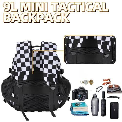 9L Mini Tactical Backpack for Men and Women Tactical Backpack Small for Hiking Small Tactical Bag Fitness Pack - color: Black and White Plaid