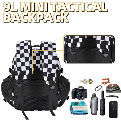 9L Mini Tactical Backpack for Men and Women Tactical Backpack Small for Hiking Small Tactical Bag Fitness Pack - color: Black and White Plaid