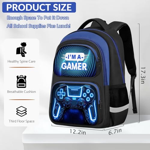 School Backpack for Boys - Gamer Boys Backpack for Kids Children Teens Elementary Middle School - 17″ Video Game Bookbag Travel Back Pack for Age 6-18 - color: Gamer Blue-backpack Only
