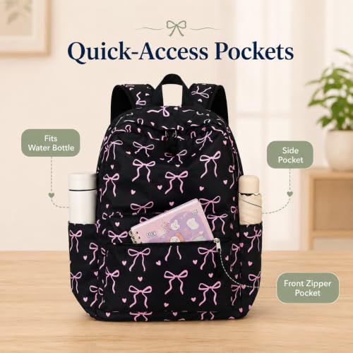 Bluboon School Backpack for Teen Girls Women Laptop Backpack College Bookbags Middle School Travel Work Commuter Back Pack - color: Black Base Pink Bow & Heart