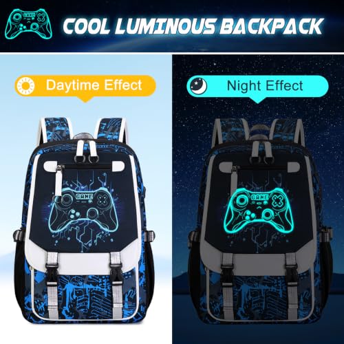 Bevalsa Backpack for Boys, Cool Luminous Boys Backpack with Sling Bag, Lunch Box & Pen Case, School Bags for Kids Children Teens Elementary Middle Schools, Bookbag Glow In The Dark (Blue Game) - color: Blue Game