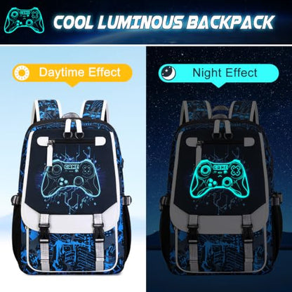 Bevalsa Backpack for Boys, Cool Luminous Boys Backpack with Sling Bag, Lunch Box & Pen Case, School Bags for Kids Children Teens Elementary Middle Schools, Bookbag Glow In The Dark (Blue Game) - color: Blue Game