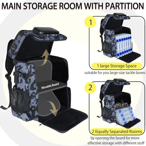Fishing Backpack with Rod Holder, Large 50L Tackle Bag Water Resistant Tackle Backpack Heavy Duty Fishing Bag Gift for Men Woman - color: E: Camo Black