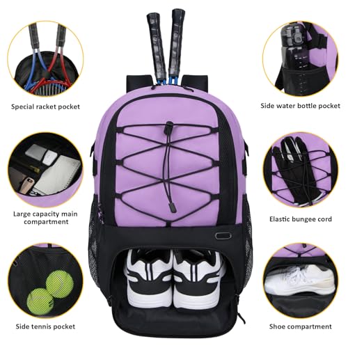 Goloni Tennis Backpack, Tennis Bag with Fence Hook & Ventilated Shoe Compartment, Holds 2 Tennis Rackets - color: Purple