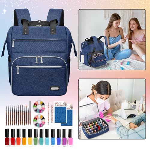 LTINVECK Nail Polish Organizer Case Backpack Holds 70 Bottles (15ml/0.5fl.oz)& Nail Lamp, 2 Layers Detachable Nail Kit Storage Case, Large Travel Nail Supplies Shoulder Bag for Manicure Tools (Blue) - color: Blue