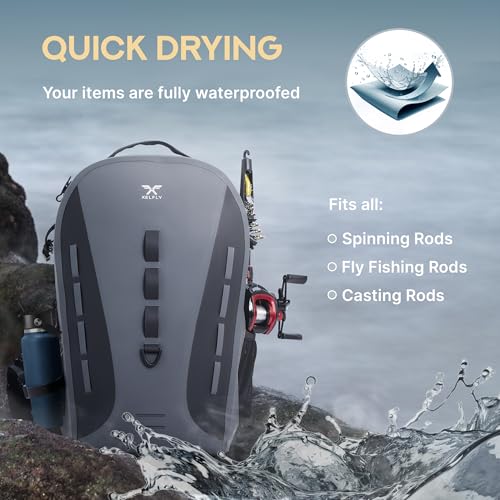 Xelfly Waterproof Fishing Backpack G2 with Rod Holder, Inflatable Air Valve, Padded Waist Straps & Gear Loops - Submersible Zipper, Rugged Top Handle, Adjustable Attachments (Gray) - color: Gray, size: G2 Backpack