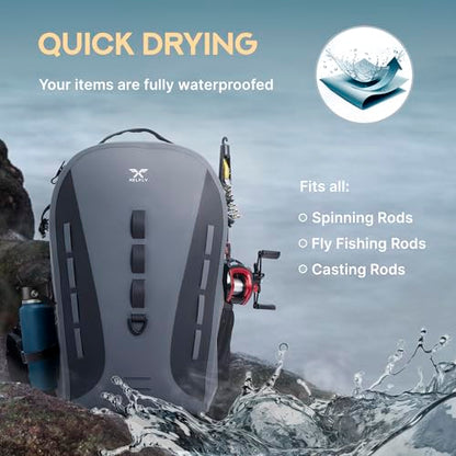 Xelfly Waterproof Fishing Backpack G2 with Rod Holder, Inflatable Air Valve, Padded Waist Straps & Gear Loops - Submersible Zipper, Rugged Top Handle, Adjustable Attachments (Gray) - color: Gray, size: G2 Backpack