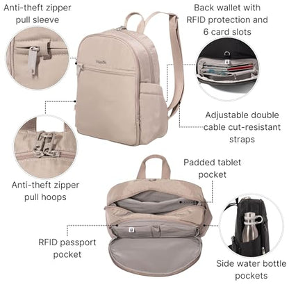 Securtex Anti-Theft Getaway Backpack - 9.4"x13"x5" Travel Safe Bag w/Locking Zippers, Slash-Resistant, RFID - color: Moonrock