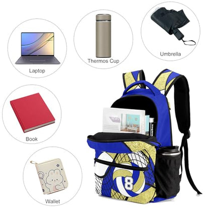 Volleyball Blue Gold Shoulders Bags Daypack with Name Personalized School Bookbag for Sports Party Traveling - color: Volleyball Blue Gold
