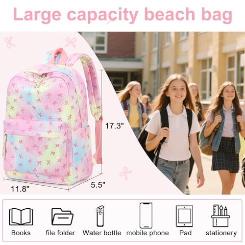 LEDAOU School Backpack for Teen Girls Elementary Middle School Bookbag Kids Backpacks Women Laptop Backpack Travel Daypack (Bow Rainbow) - color: Bow Rainbow